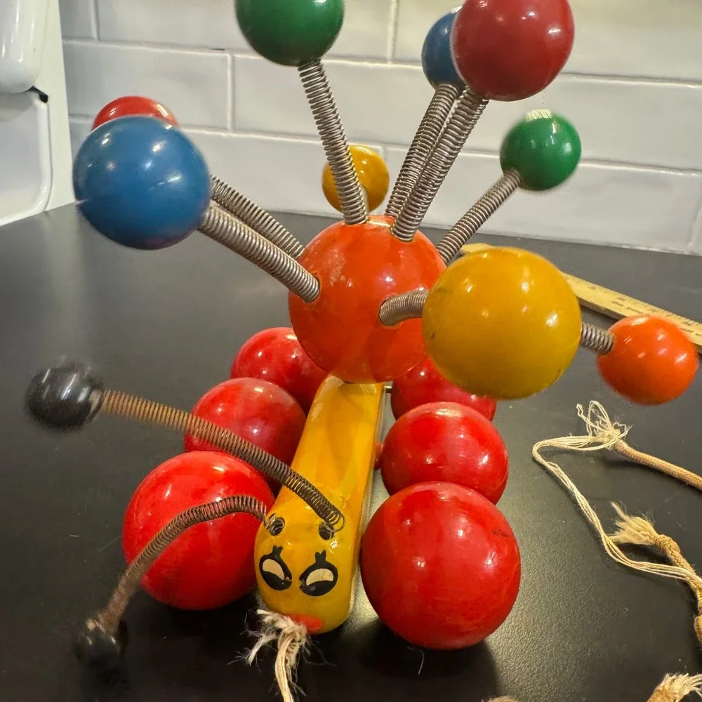 Vintage Wooden Caterpillar Pull Toy Multicolor Mid Century Modern Spring Bug